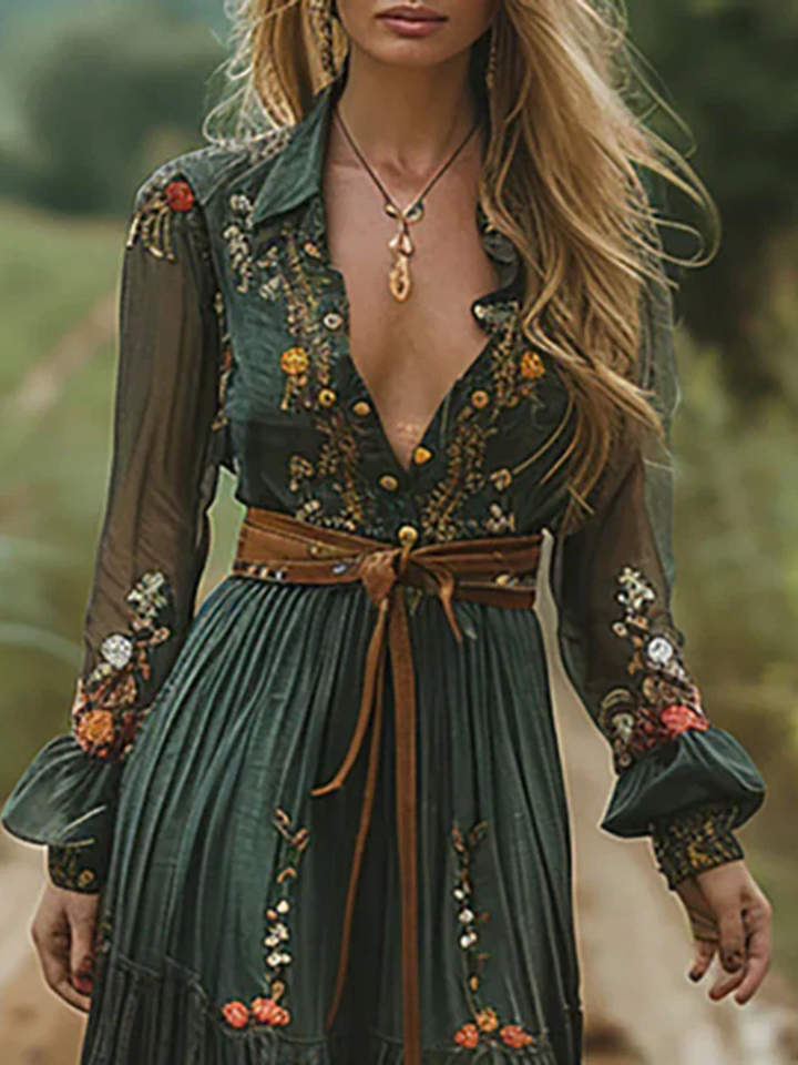 Women’s Embroidered Maxi Dress Summer Bohemian V-Neck Casual