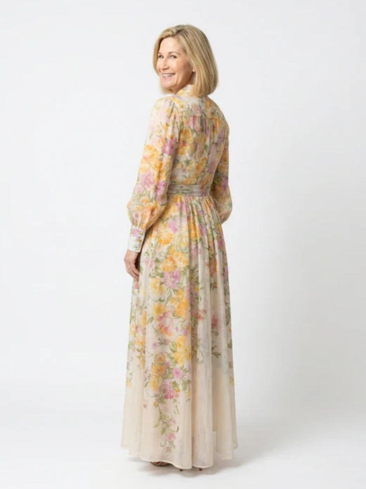 Women floral maxi dress sheer long sleeve summer outfit