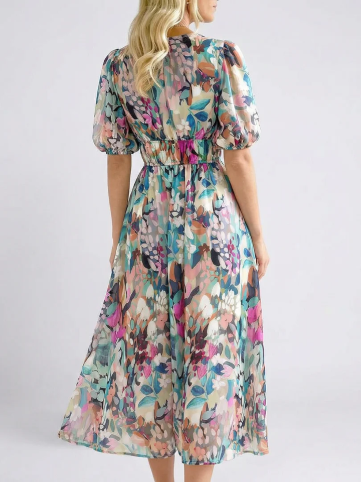 Women's Midi Dress Gathered Waist Flattering Fit Casual Elegant