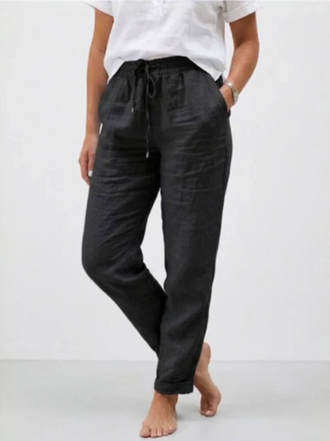 Women's high waisted linen pants elastic waist relaxed fit casual