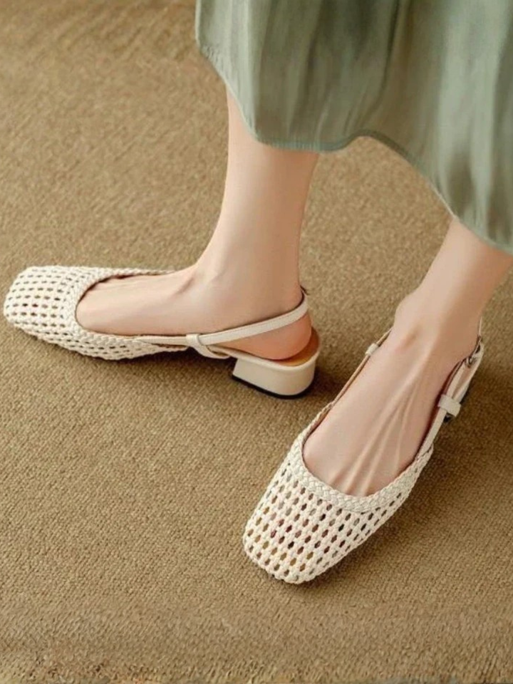 Women’s summer mid heel sandals breathable woven ankle strap