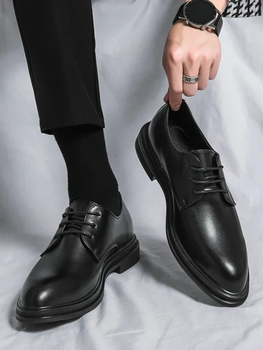 Men's black patent derby dress shoes for weddings and suits