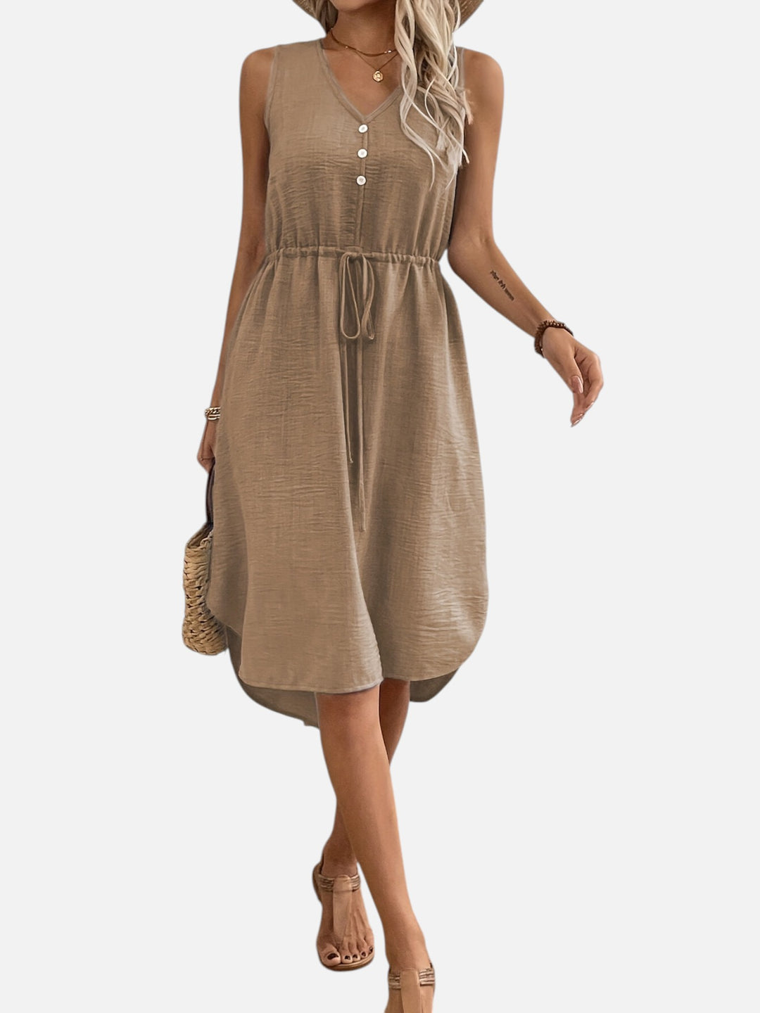 Women's Casual Summer Maxi Dress V-Neck Drawstring Waist