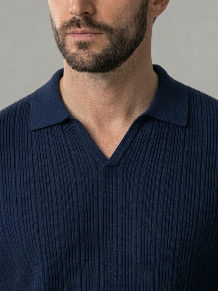 Men’s Ribbed Knit Polo – Lightweight Open Collar Summer Shirt