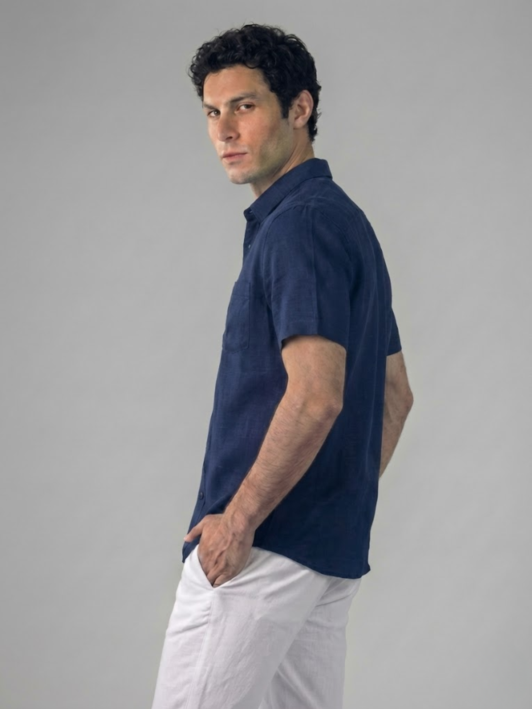 Men's Linen Short Sleeve Shirt for Summer Lightweight Breathable