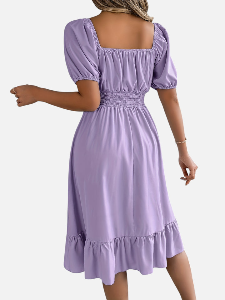 Women’s Midi Dress Square Neck A-Line Waist Belt Summer Dress
