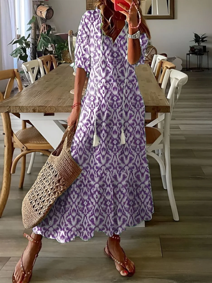 Women’s Boho Maxi Dress Tie Front Tassel Summer Vacation Dress