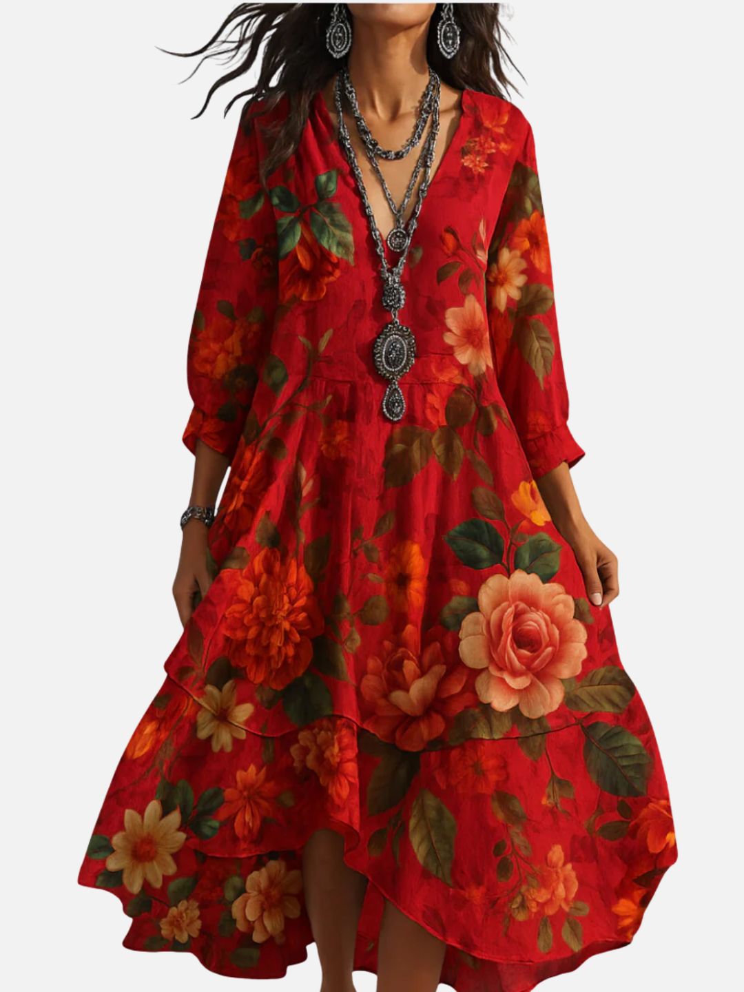 Women's Floral Midi Dress V-Neck 3/4 Sleeve Casual Wear