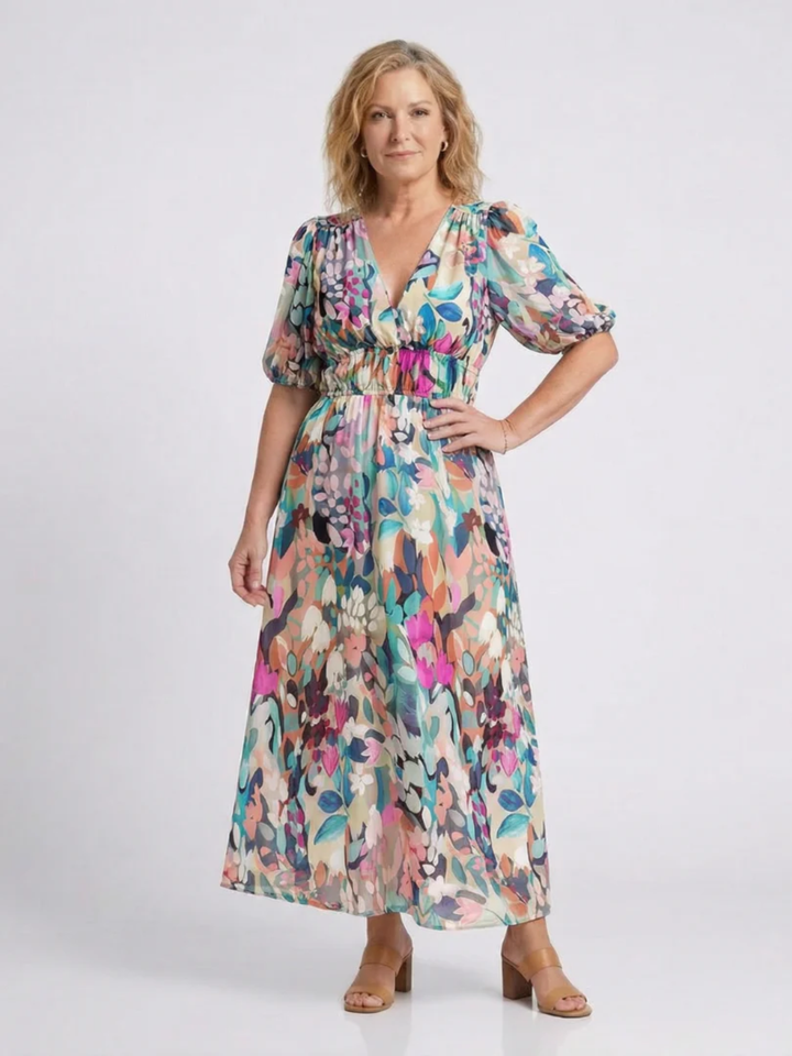 Women's Midi Dress Gathered Waist Flattering Fit Casual Elegant