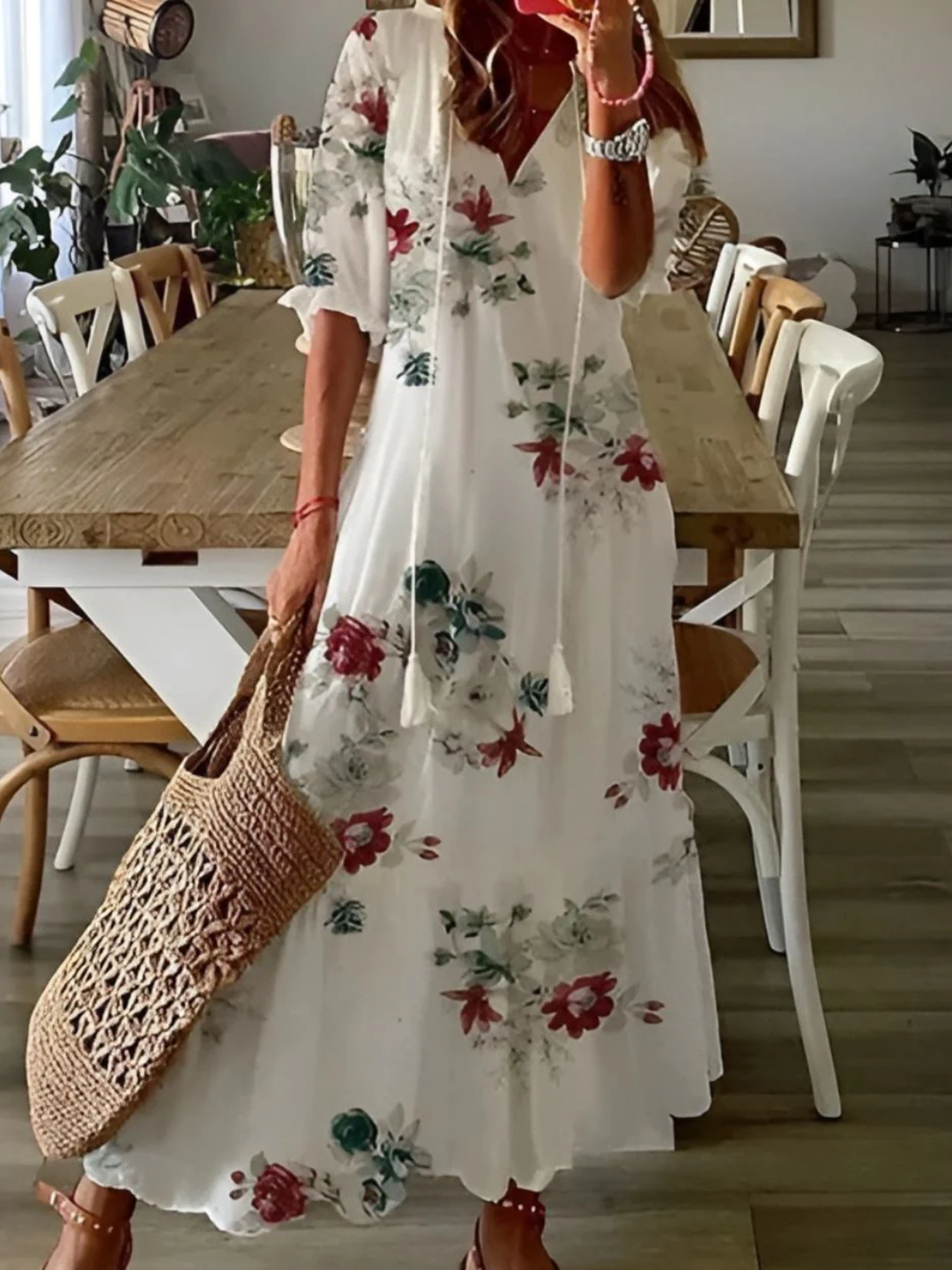Women’s Flowy Maxi Dress Cotton Tie Front Casual Boho Dress