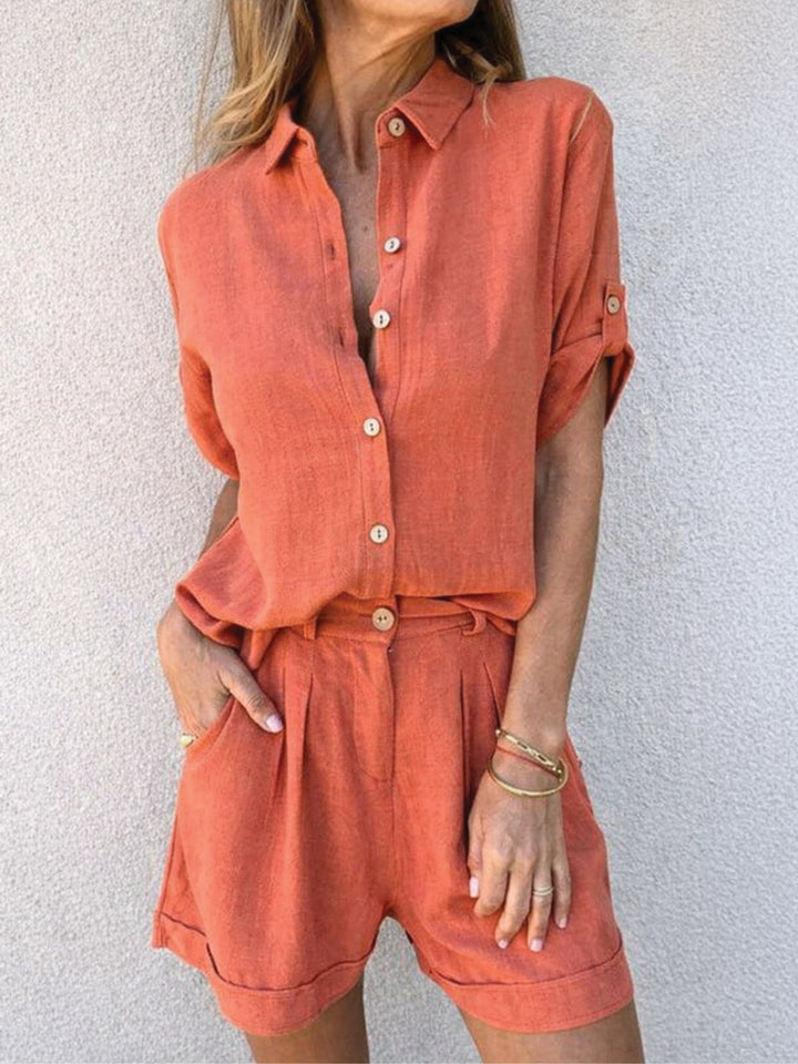 Women Summer Two Piece Set Breathable Linen Shirt Shorts Casual Outfit
