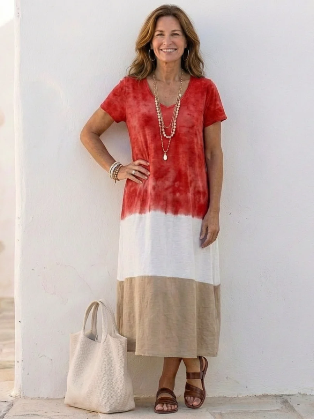 Women's Midi Dress V-Neck Short Sleeve for Casual Wear