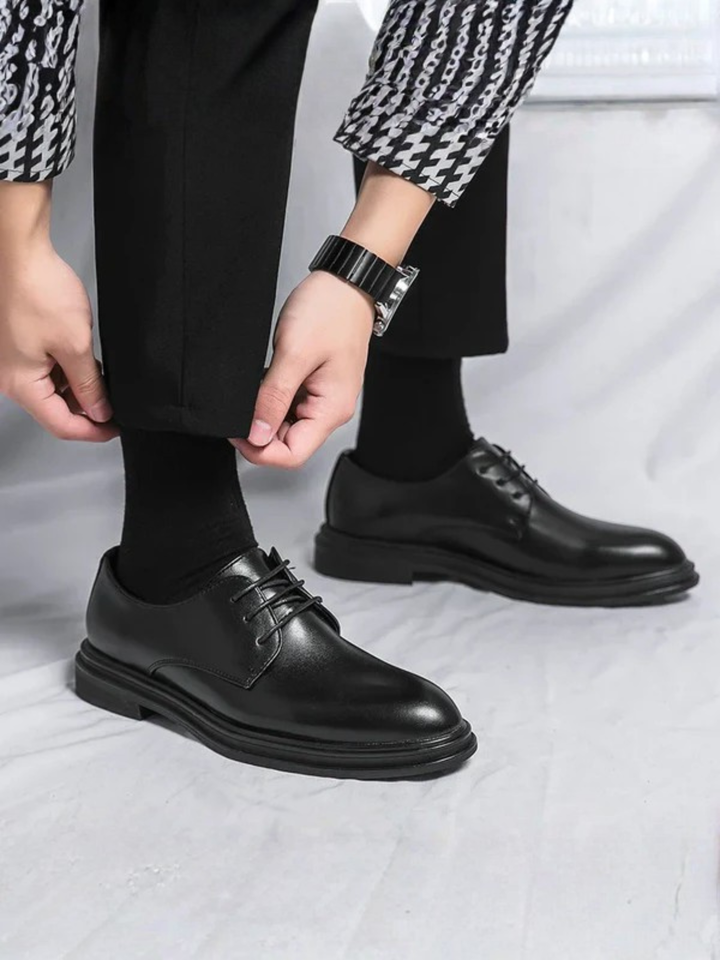 Men's black patent derby dress shoes for weddings and suits