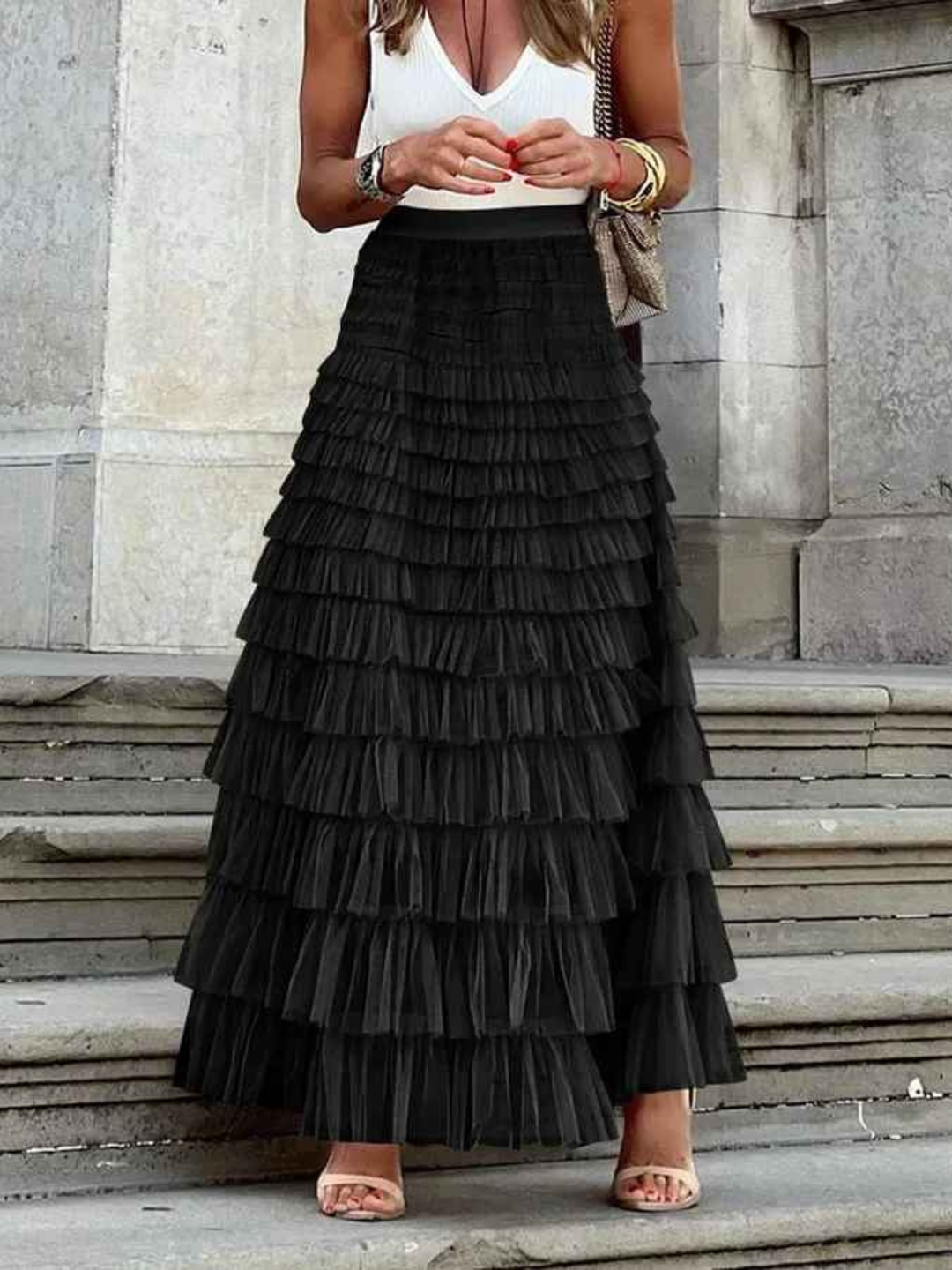 Women's boho mesh tiered skirt high waist summer outfit