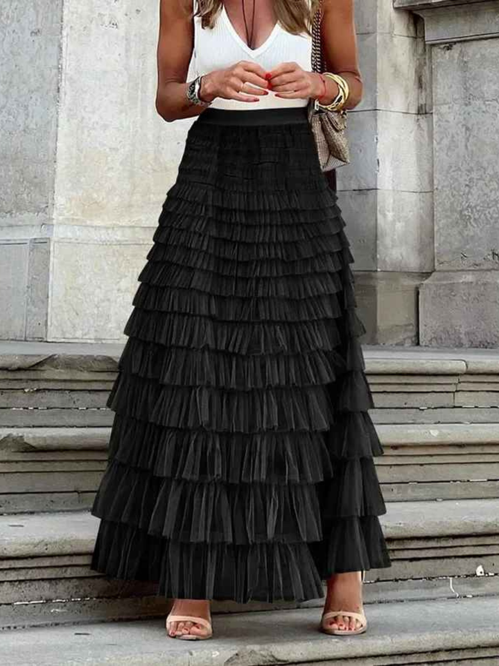 Women's boho mesh tiered skirt high waist summer outfit