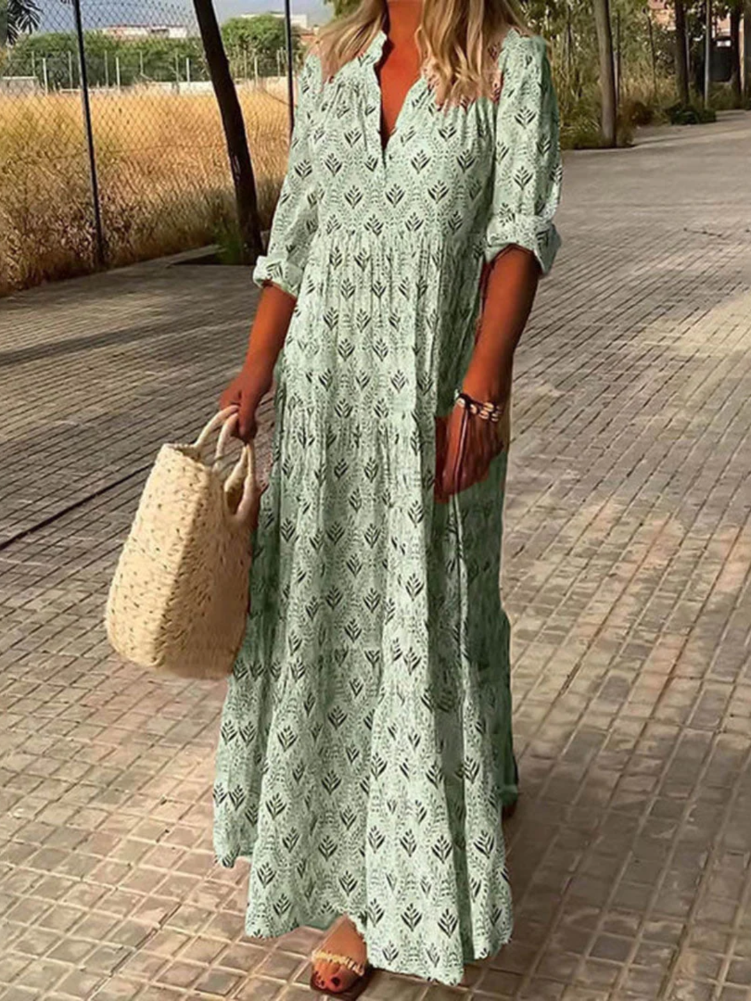 Women’s boho maxi dress v neck long sleeve printed casual dress