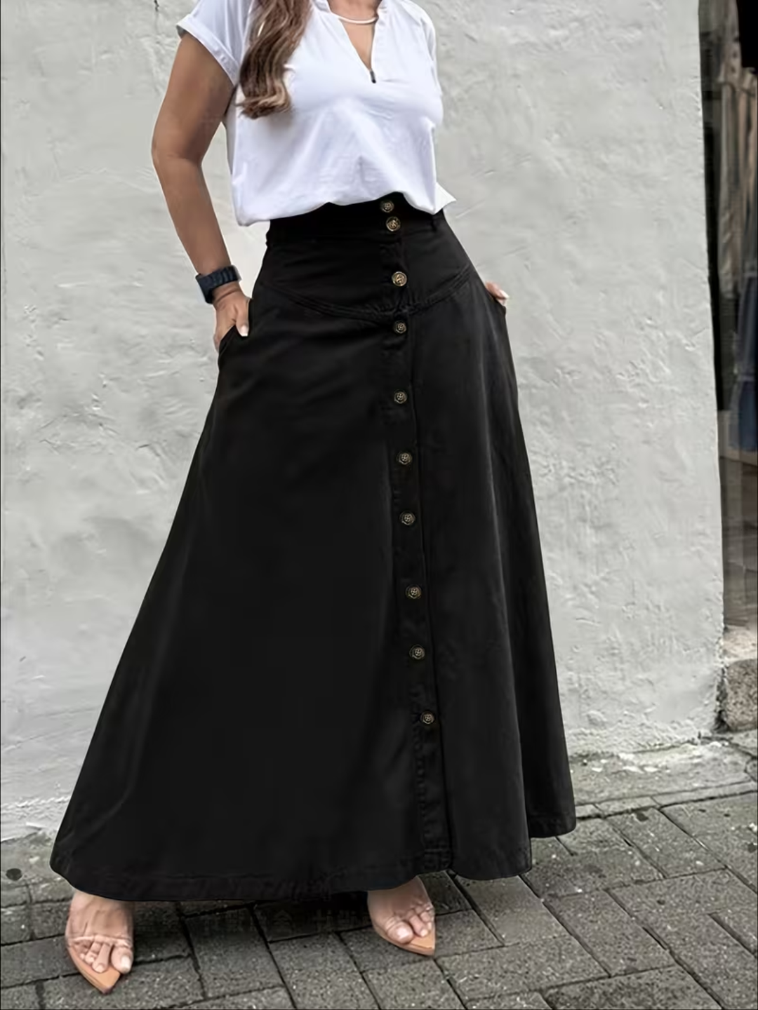 Women’s High Waist Midi Skirt with Pockets A-Line Split