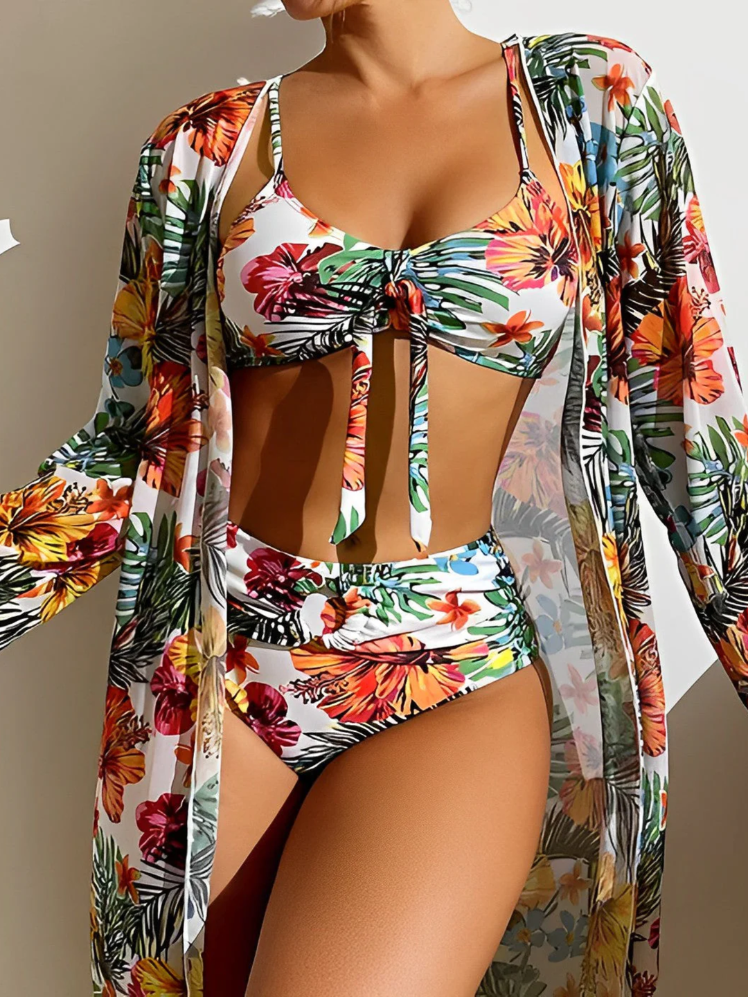 Women’s High Waisted Bikini Set with Cover Up Tropical Print