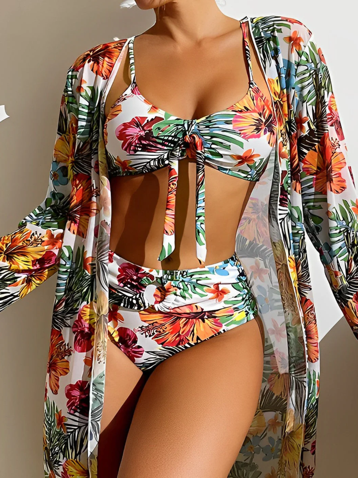 Women’s High Waisted Bikini Set with Cover Up Tropical Print