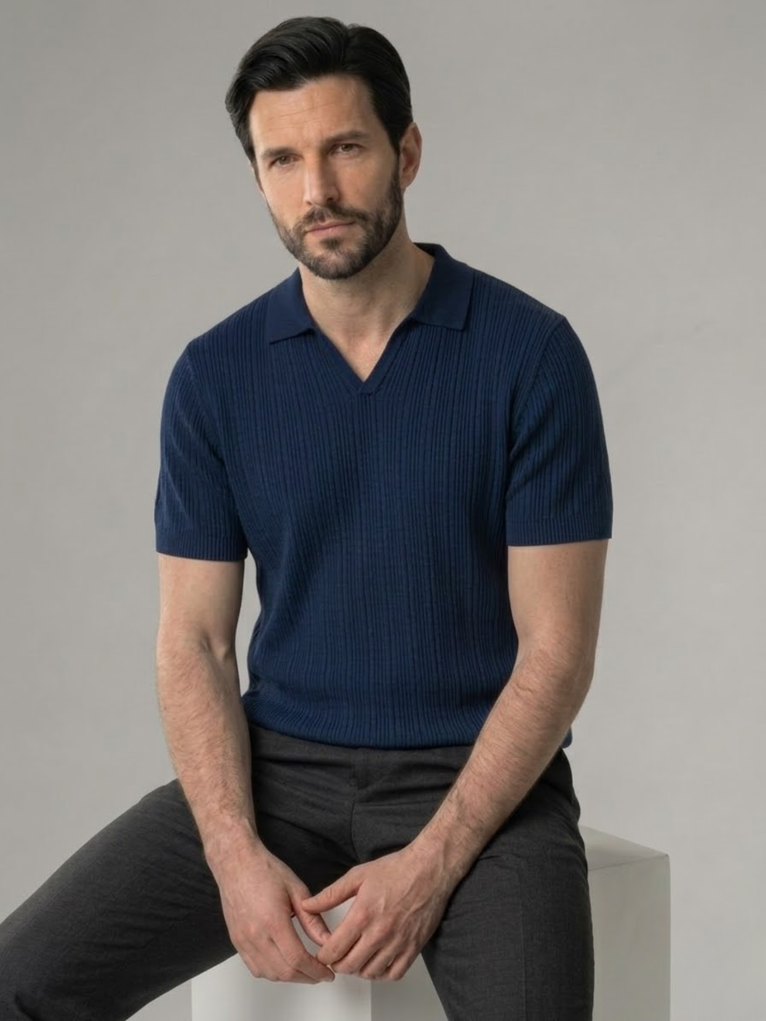 Men’s Ribbed Knit Polo – Lightweight Open Collar Summer Shirt