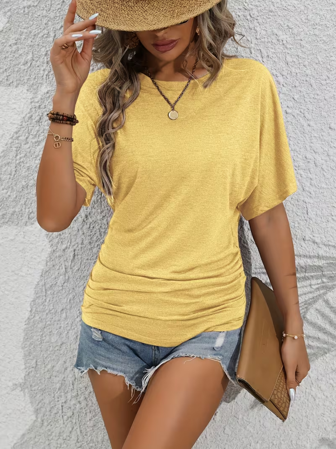 Women's Pleated Loose Fit Top Round Neck Drop Shoulder Casual Wear