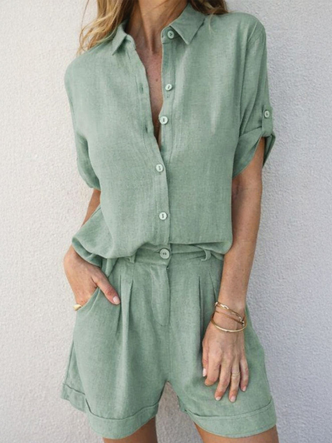 Women Summer Two Piece Set Breathable Linen Shirt Shorts Casual Outfit