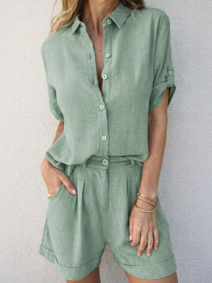 Women Summer Two Piece Set Breathable Linen Shirt Shorts Casual Outfit