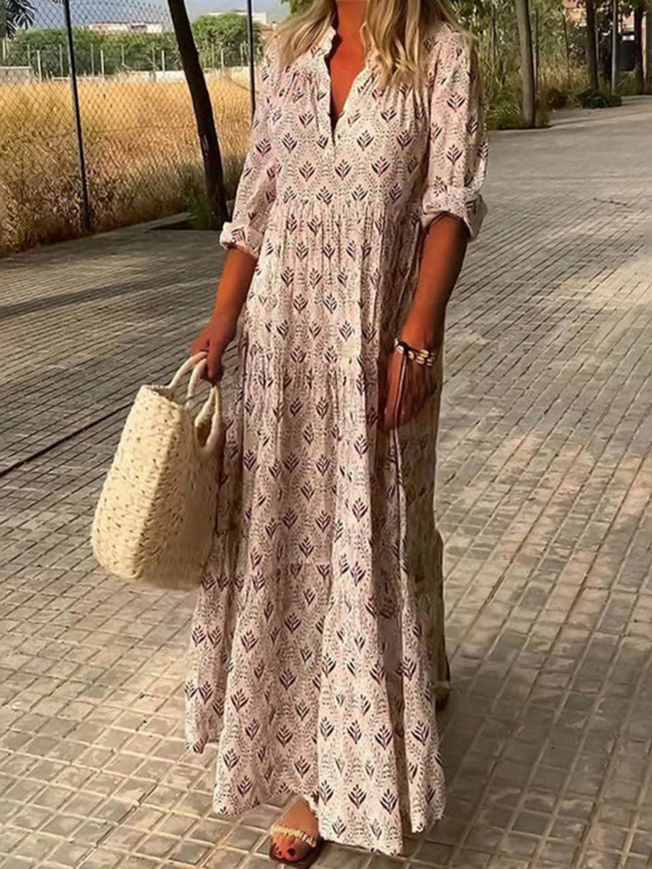 Women’s boho maxi dress v neck long sleeve printed casual dress