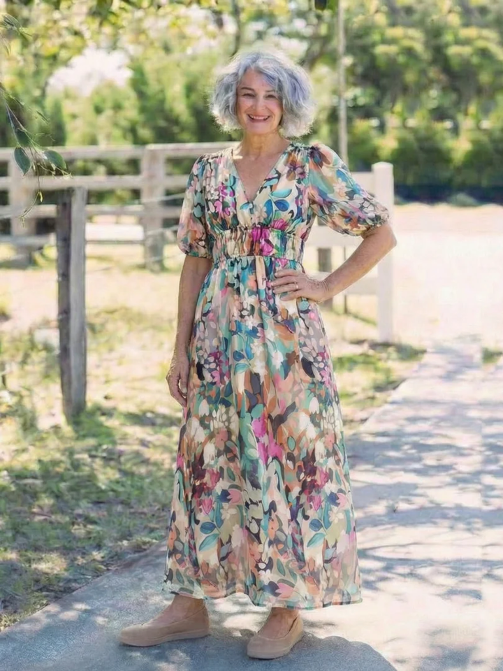 Women's Midi Dress Gathered Waist Flattering Fit Casual Elegant
