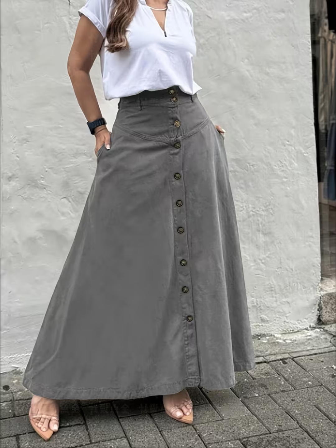Women’s High Waist Midi Skirt with Pockets A-Line Split