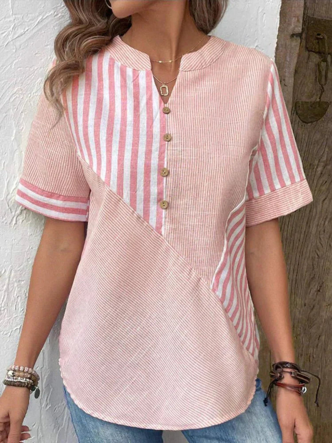 Women Striped Blouse Elegant Button Front Soft Everyday Top