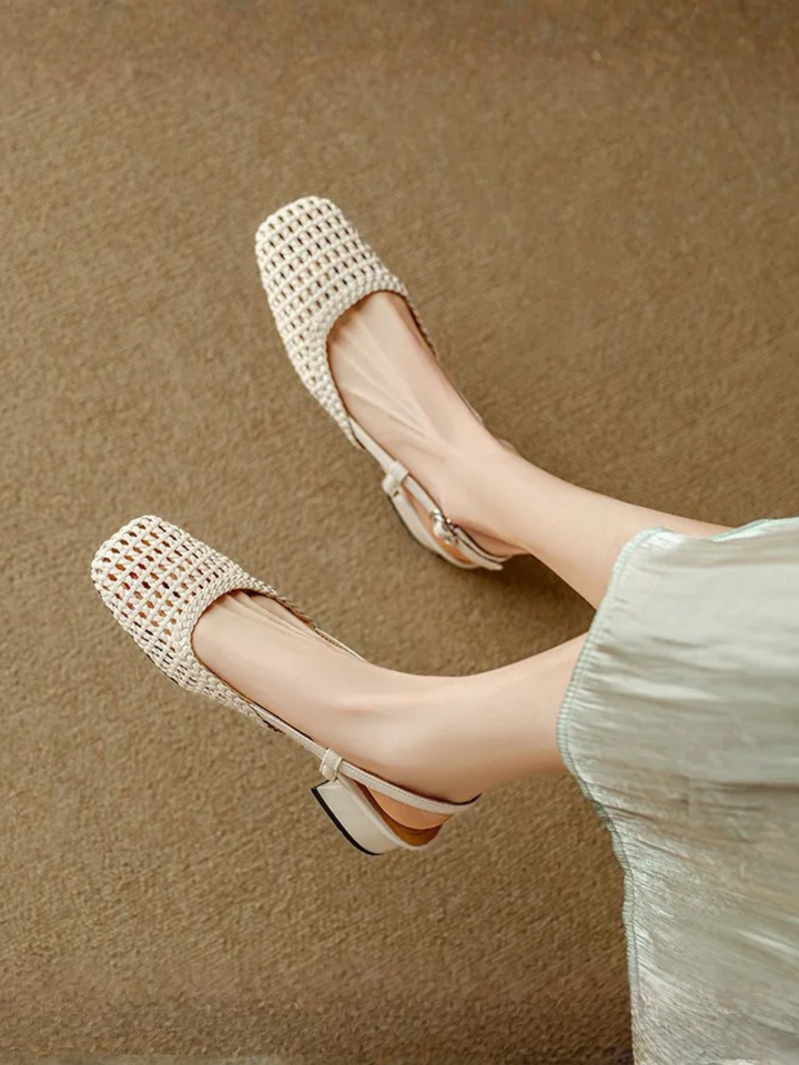 Women’s summer mid heel sandals breathable woven ankle strap