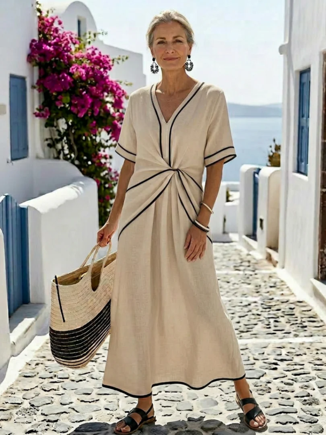 V-Neck Midi Dress for Women Short Sleeve Gathered Waist Dress
