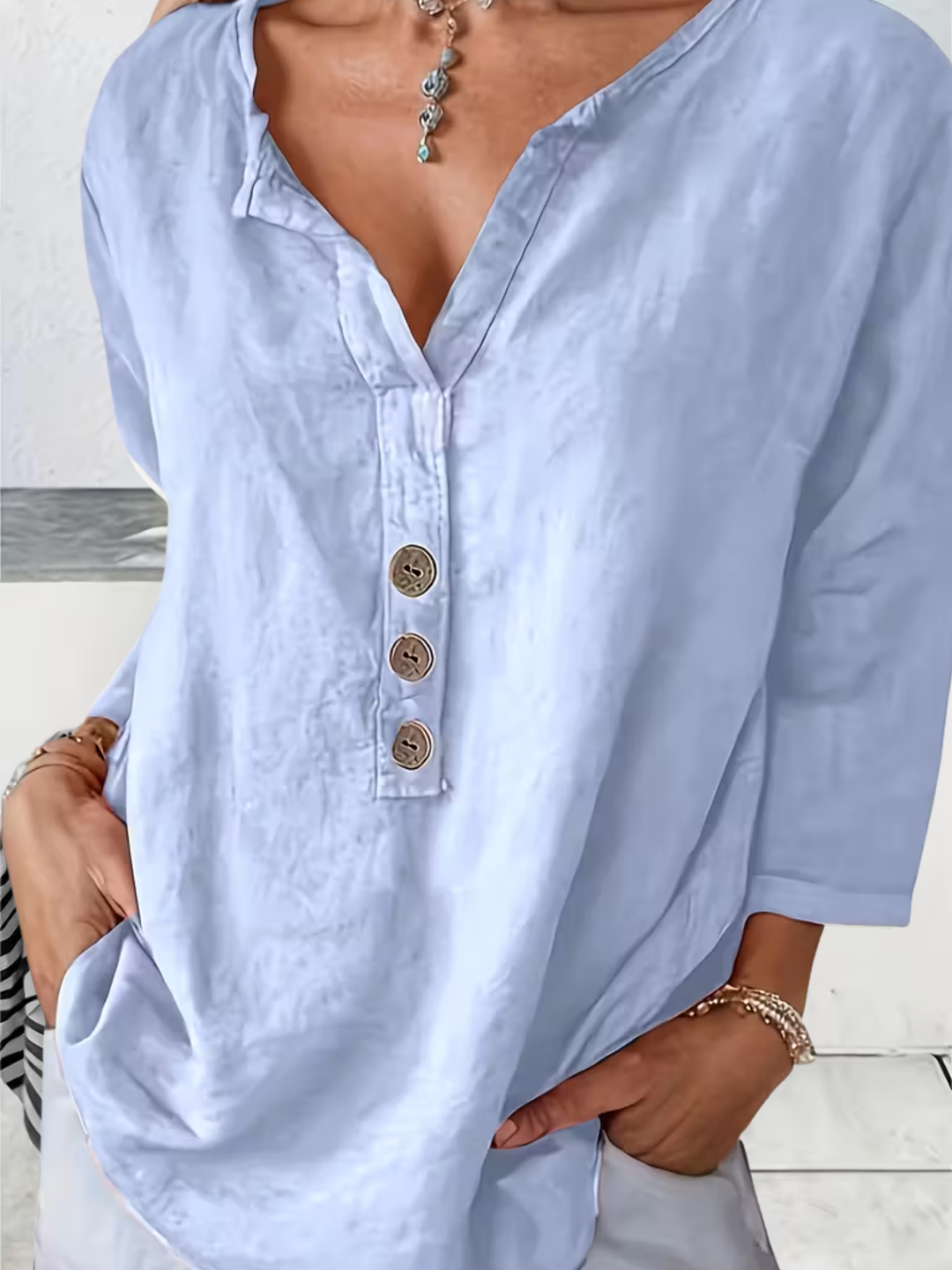 Women's Loose Fit V-Neck Button Blouse Casual Summer Shirt