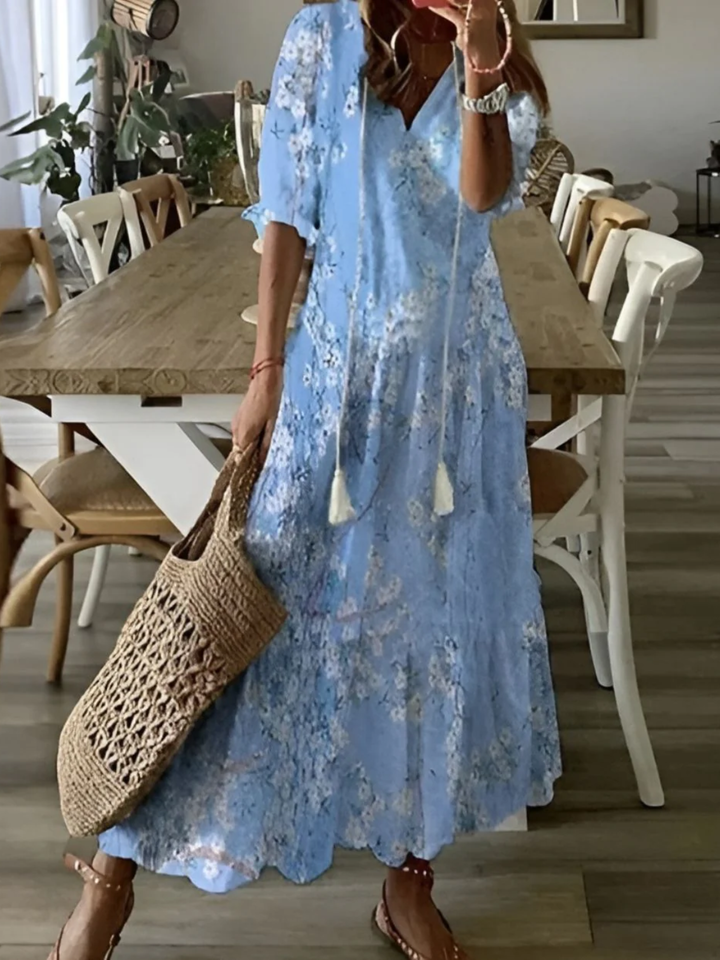 Women’s Boho Maxi Dress Tie Front Tassel Summer Vacation Dress