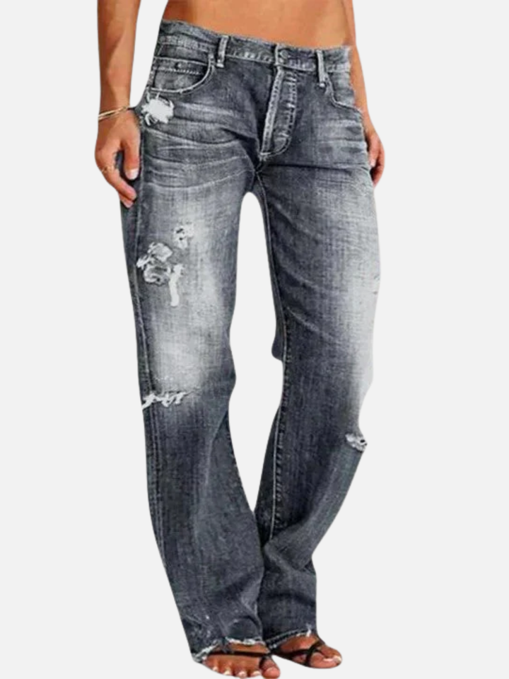 Women’s Low Rise Distressed Jeans Straight Leg Light Wash Denim