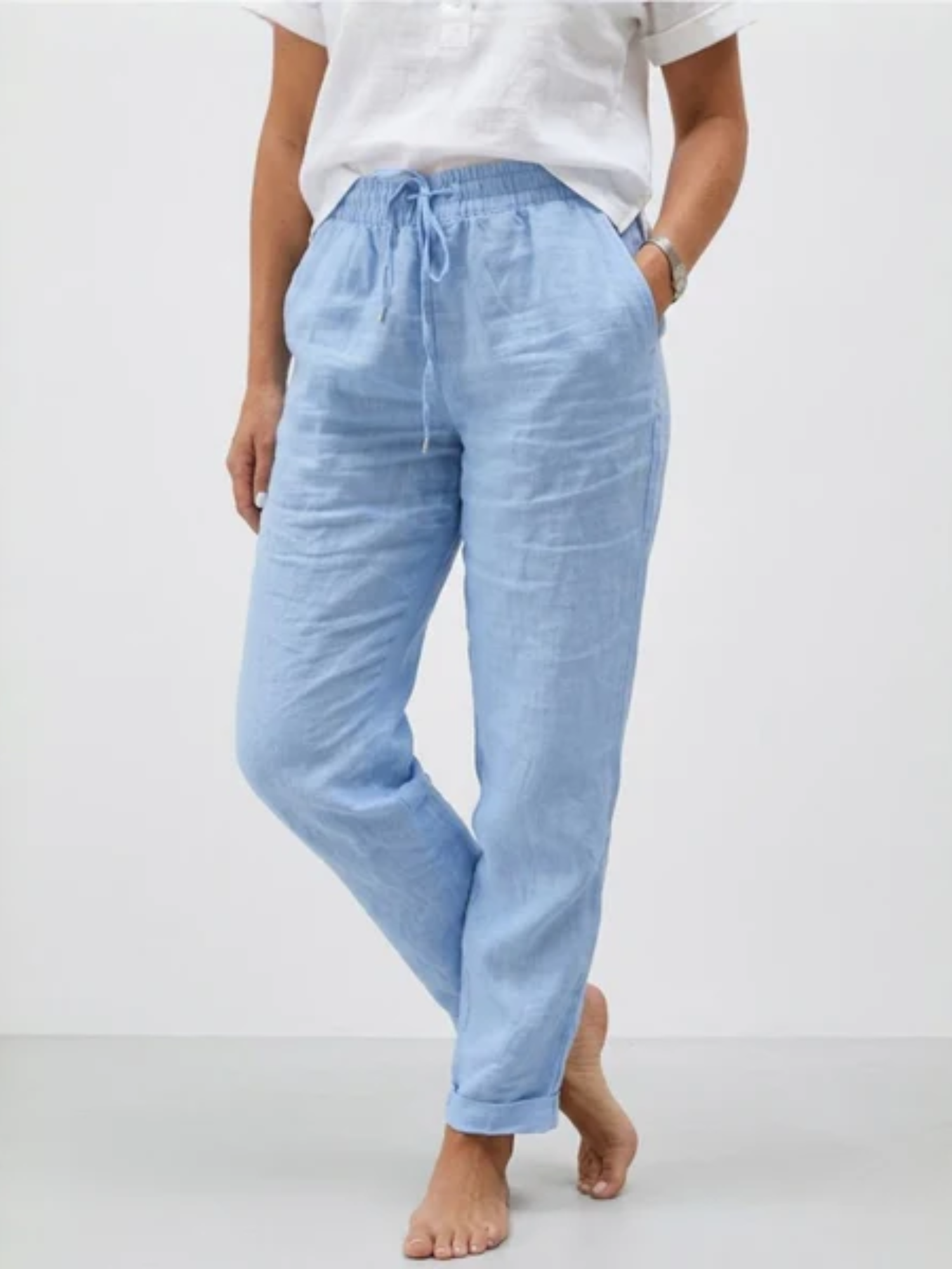 Women's high waisted linen pants elastic waist relaxed fit casual