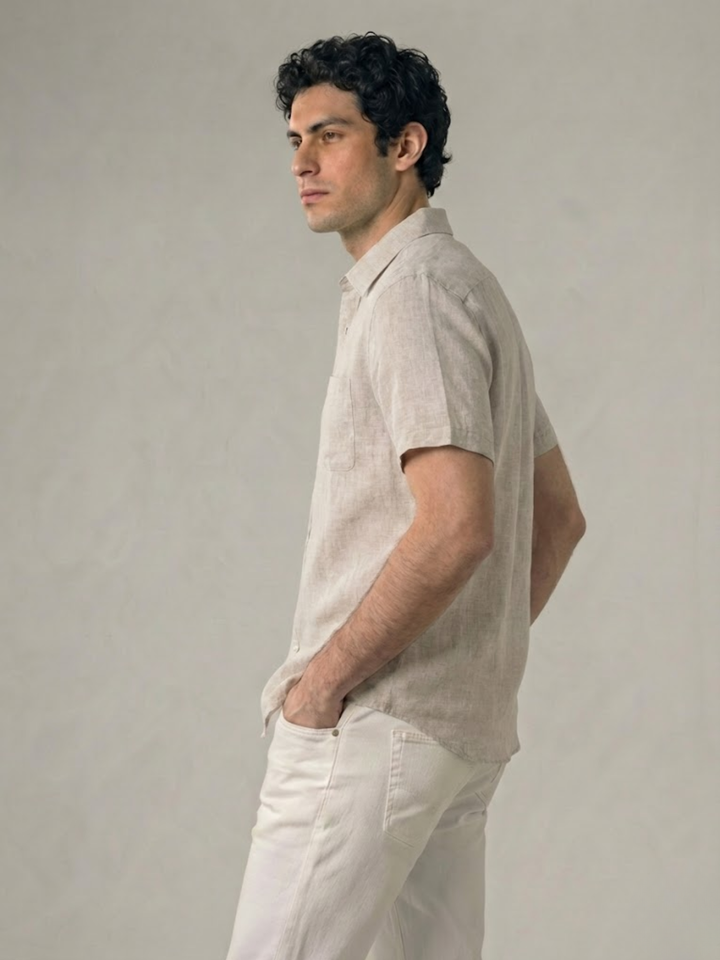 Men's Linen Short Sleeve Shirt for Summer Lightweight Breathable