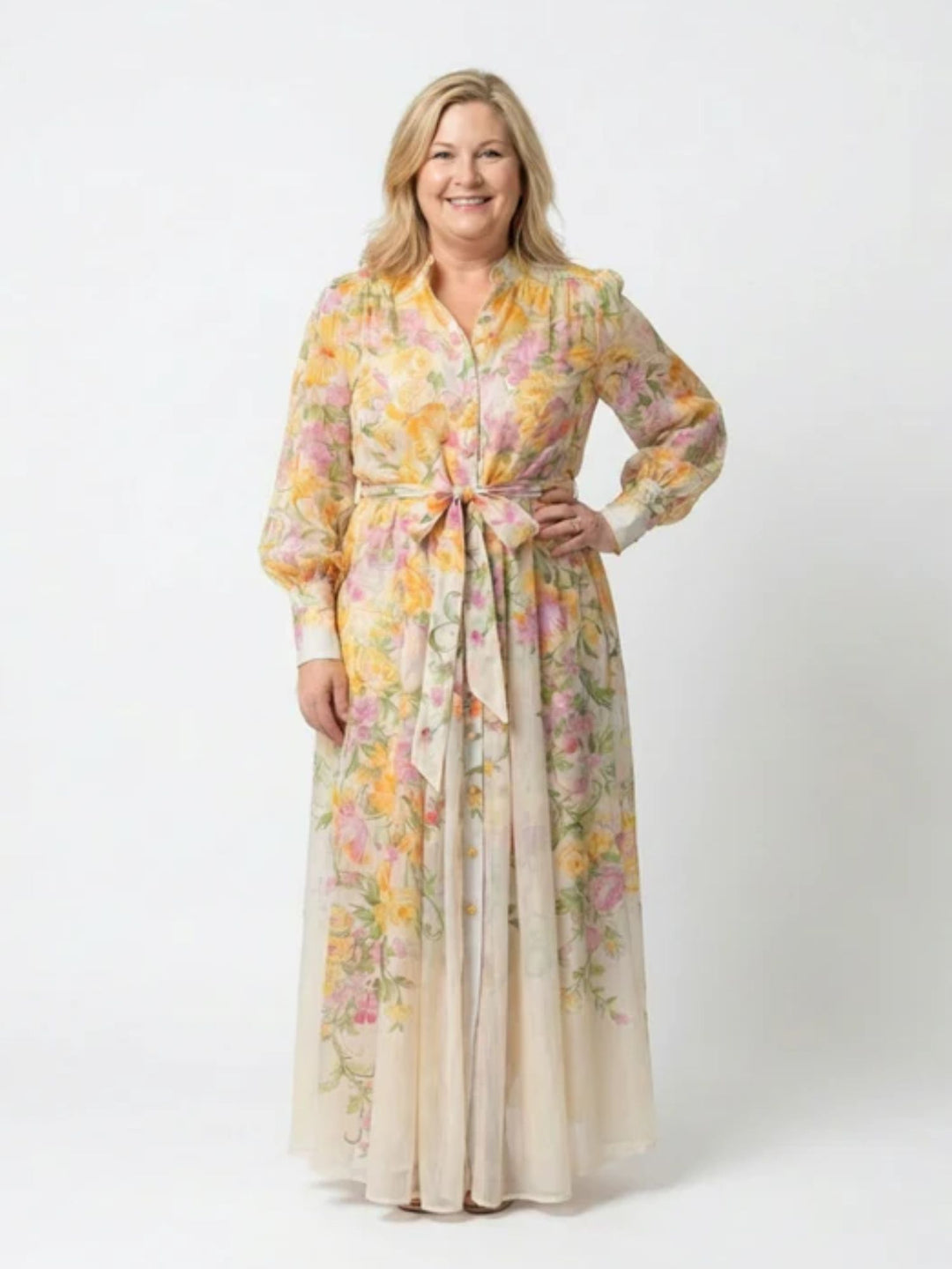 Women floral maxi dress sheer long sleeve summer outfit