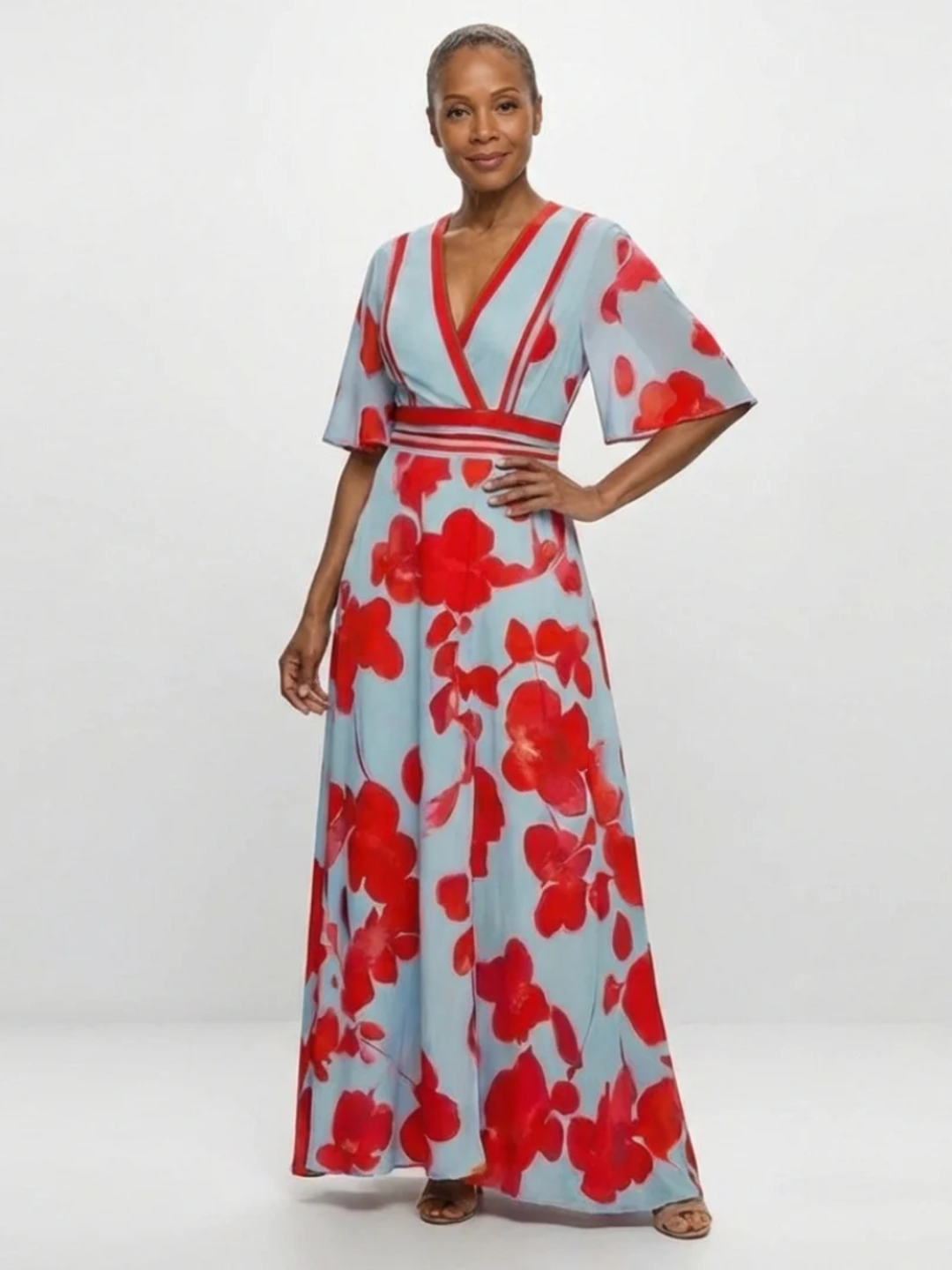Women's Floral Maxi Dress Elegant V-Neck Short Sleeve Event Wear