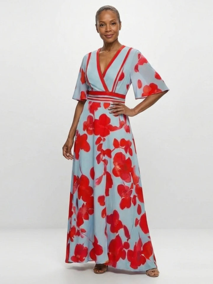 Women's Floral Maxi Dress Elegant V-Neck Short Sleeve Event Wear