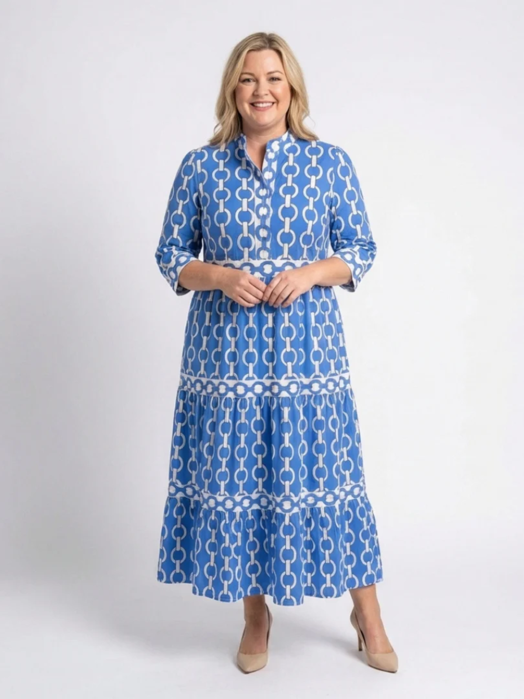 Women's chain print midi dress 3/4 sleeve elegant evening wear