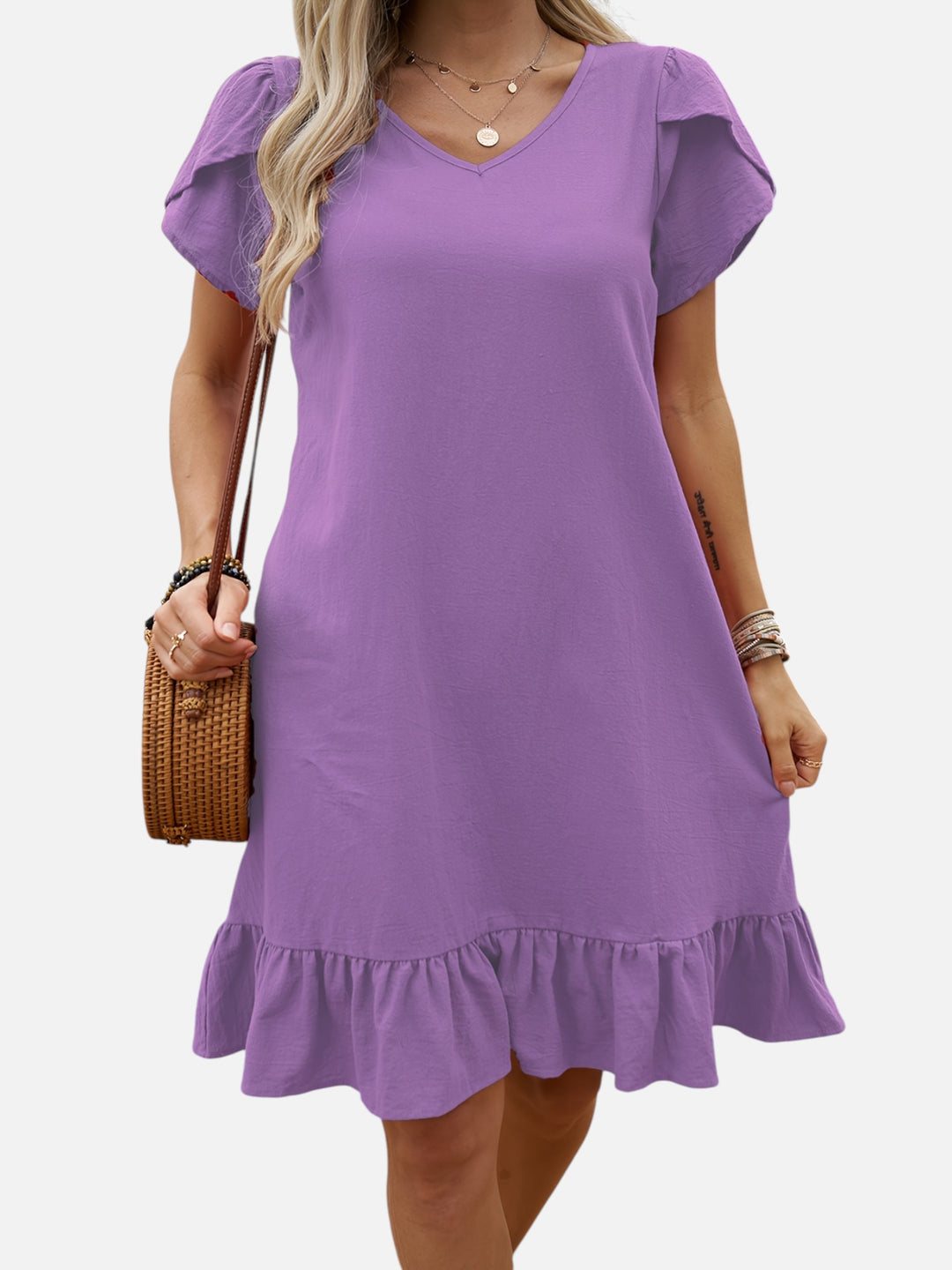Women's Lightweight V-Neck Ruffle Dress Casual Chic Outfit