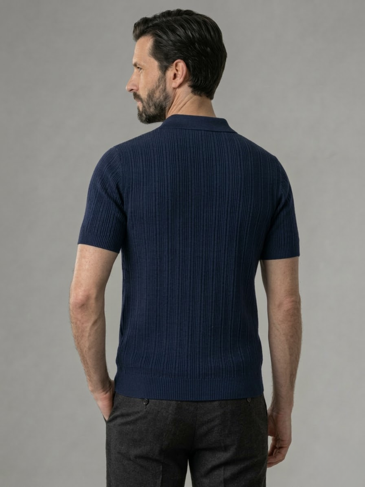 Men’s Ribbed Knit Polo – Lightweight Open Collar Summer Shirt