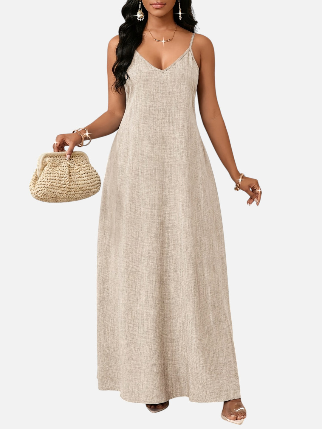 Women's A-Line Maxi Dress Cotton Blend V-Neck Spaghetti Strap