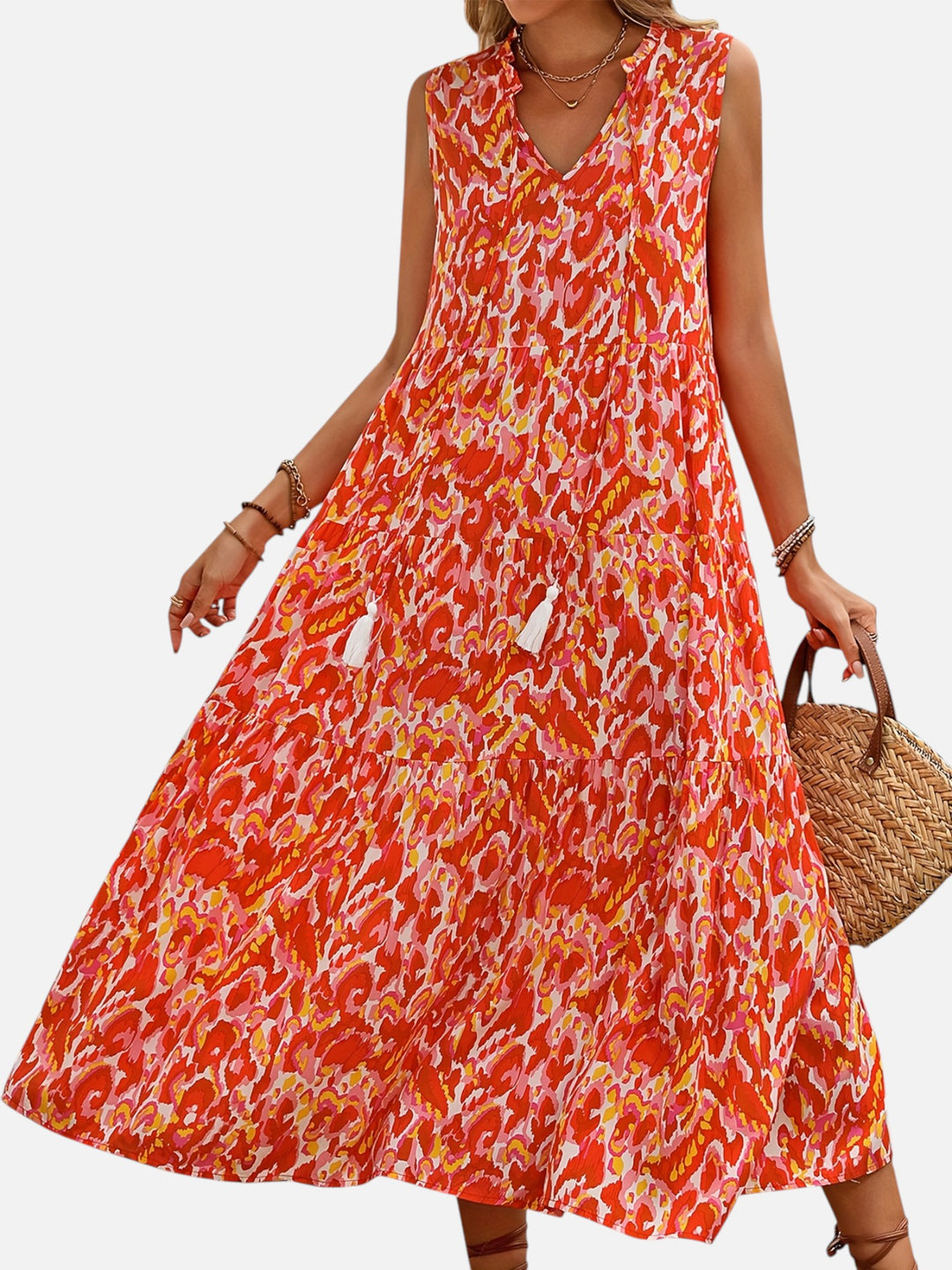 women's boho maxi dress sleeveless summer vacation outfit printed