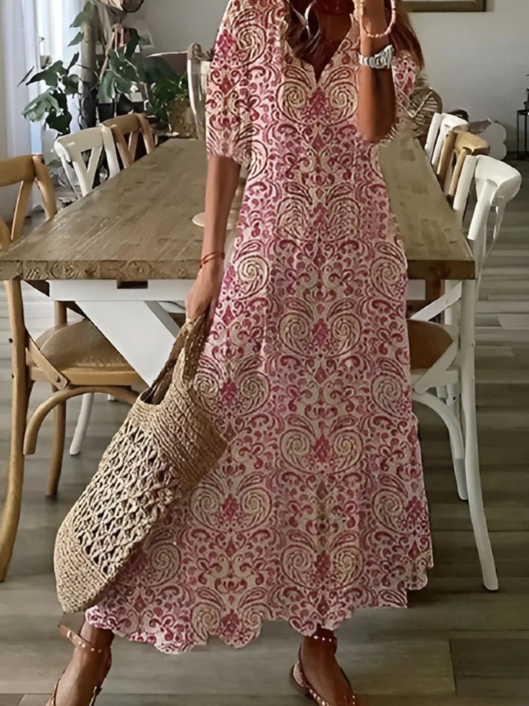 Women’s Boho Maxi Dress Tie Front Tassel Summer Vacation Dress