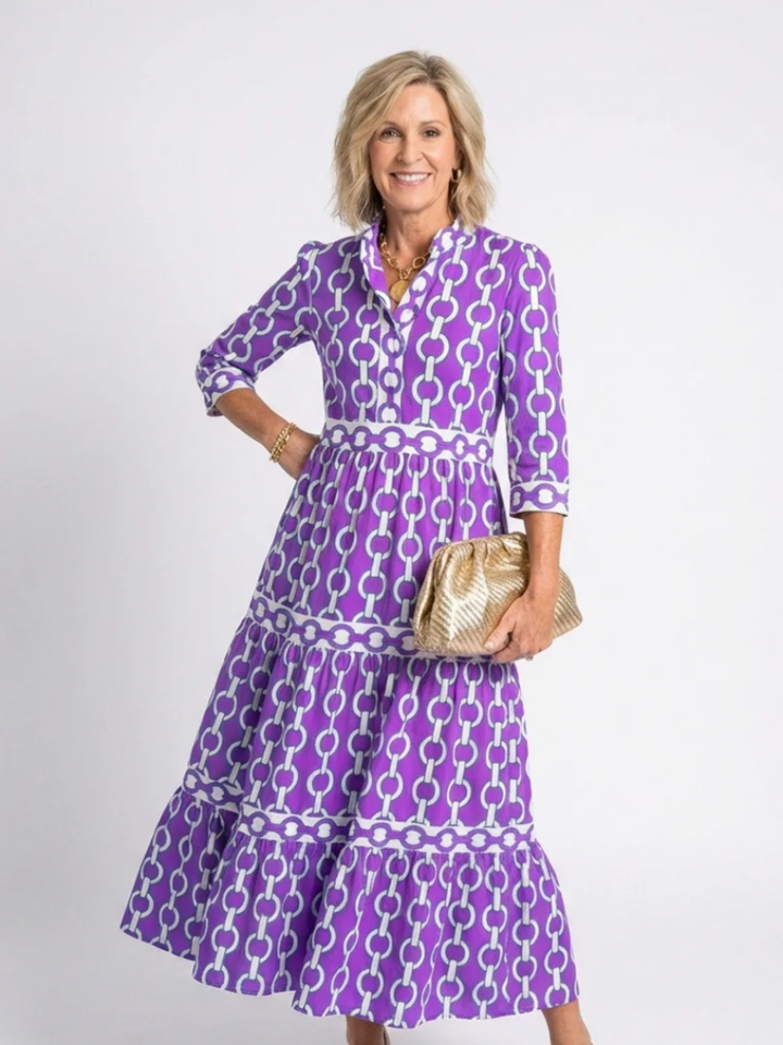 Women's chain print midi dress 3/4 sleeve elegant evening wear