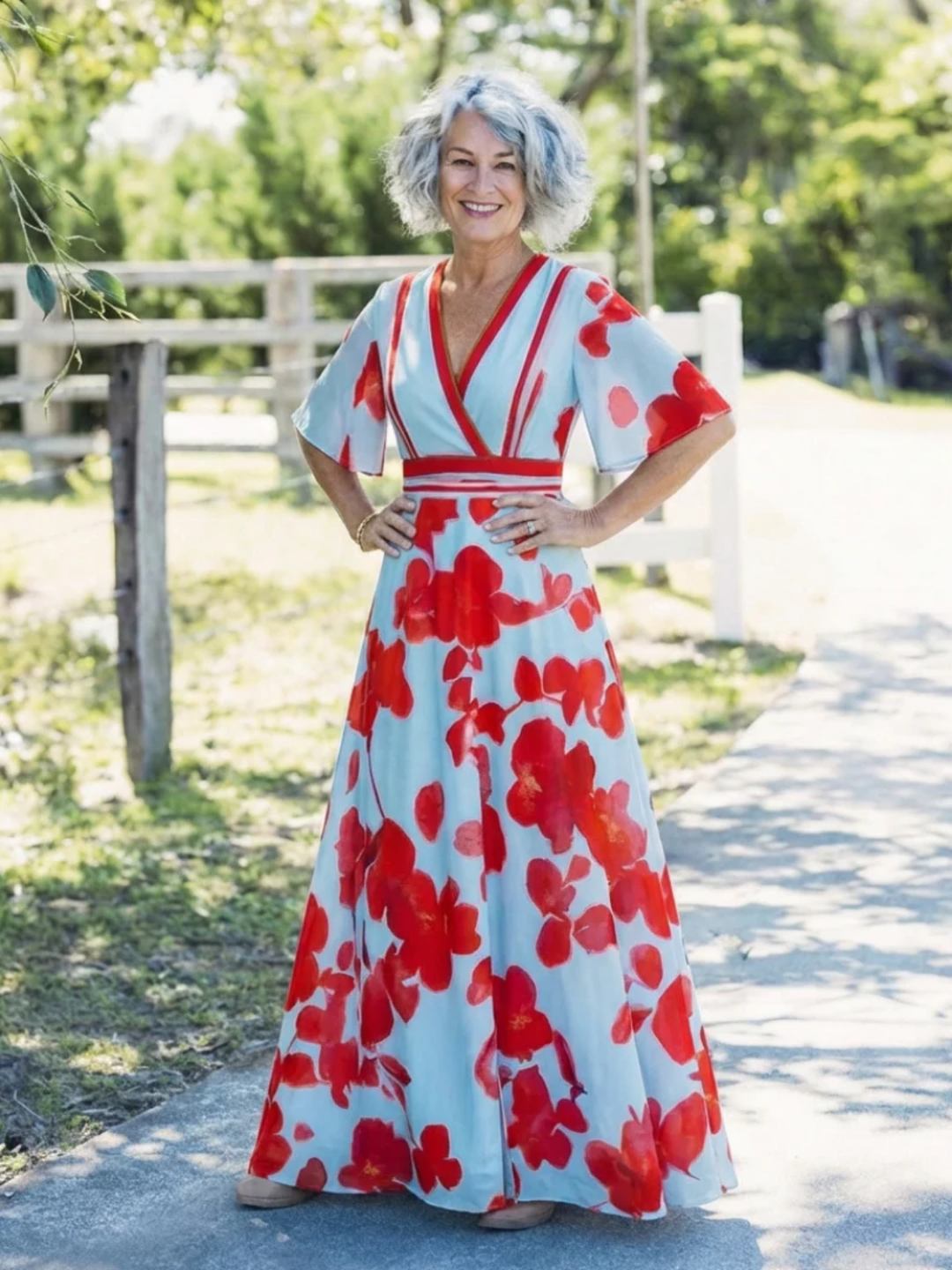 Women's Floral Maxi Dress Elegant V-Neck Short Sleeve Event Wear
