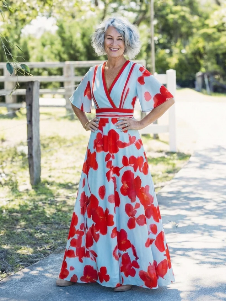 Women's Floral Maxi Dress Elegant V-Neck Short Sleeve Event Wear